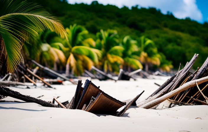 An image showcasing the aftermath of Hurricane Dorian's devastation in the Virgin Islands: a battered landscape revealing uprooted palm trees, toppled buildings, and debris strewn across a desolate beach, symbolizing the hurricane's far-reaching impact