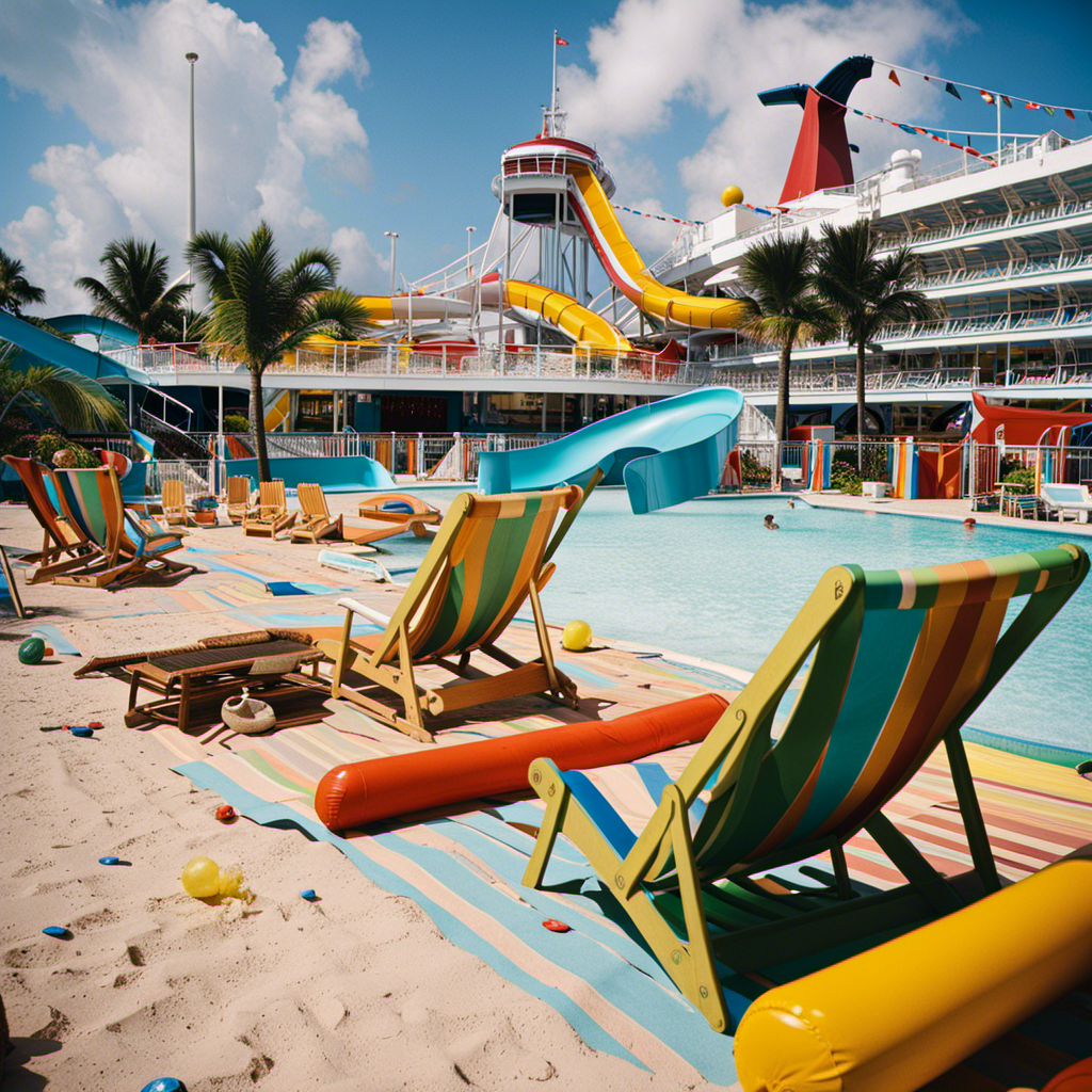 An image capturing the aftermath of Hurricane Ian's wrath on Carnival Cruises: broken deck chairs, scattered pool toys, and a deserted water slide, evoking a sense of desolation and disrupted itineraries