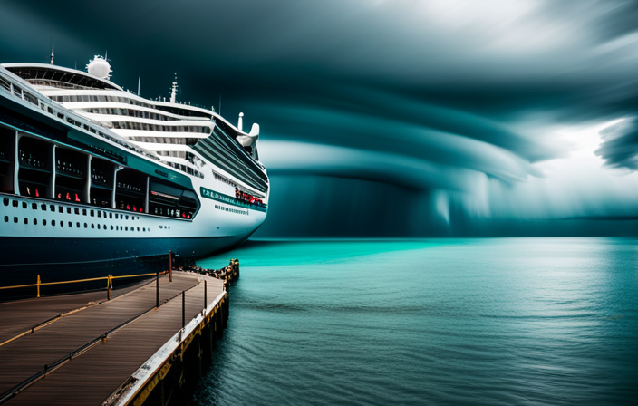 An image of a massive cruise ship docked in a port, its sturdy hull towering over the quay, surrounded by dark storm clouds gathering ominously above the turquoise Gulf Coast waters, as Hurricane Michael approaches