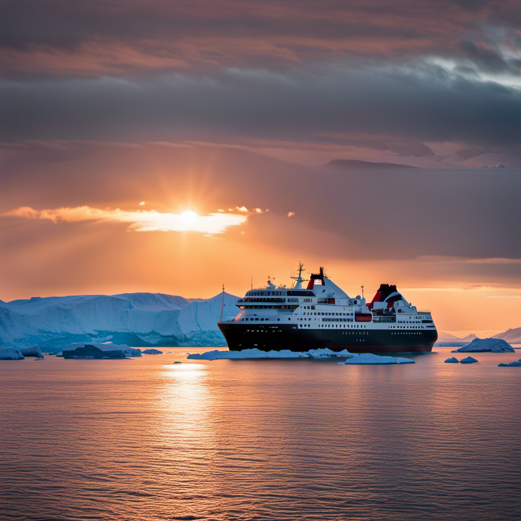 An image capturing the resolute silhouette of a mighty Hurtigruten ship cutting through pristine Arctic waters, as the sun sets behind a breathtaking ice-covered landscape, symbolizing the company's triumphant return after the industry's temporary halt