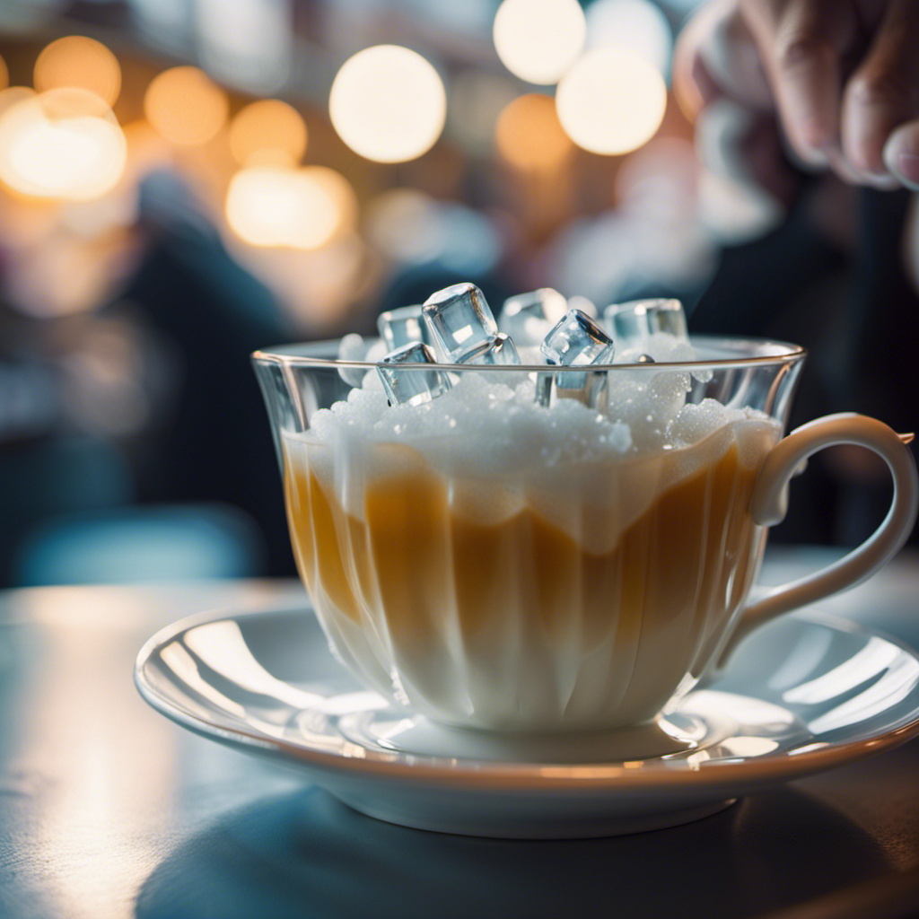 An image capturing a whimsical scene in a European café: a dainty porcelain teacup, overflowing with tiny ice cubes, delicately held by a gloved hand, while a waiter's raised eyebrow suggests the peculiarity of ice in European drink service