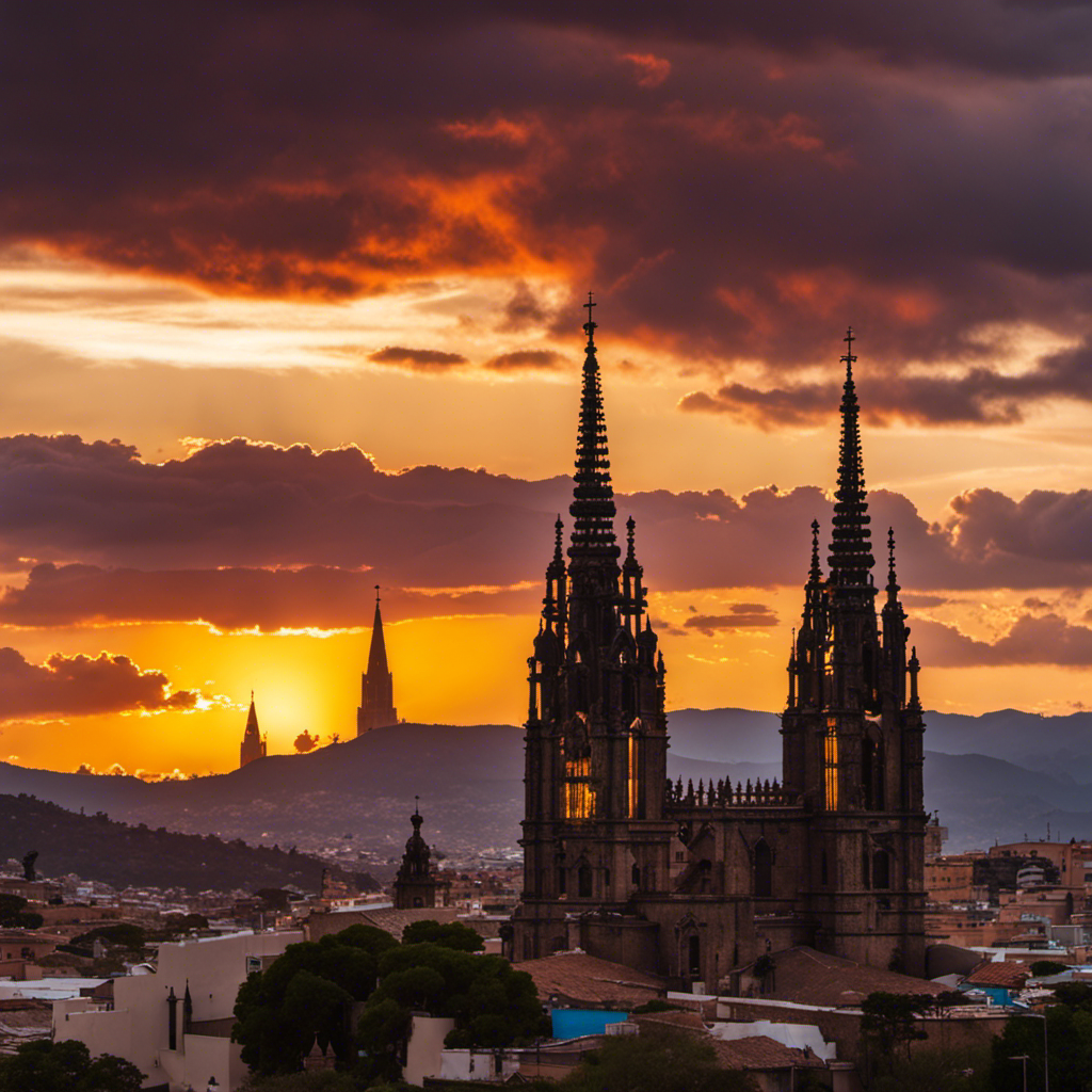the mesmerizing silhouette of Parroquia De San Miguel Arcángel against a vibrant sunset sky, with its neo-Gothic spires piercing the heavens