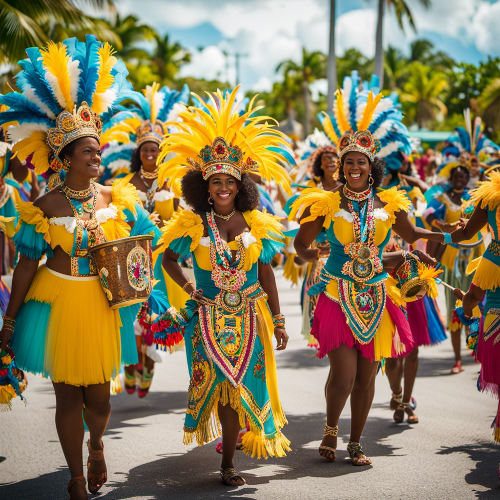 An image showcasing the vibrant fusion of Bahamian and international cultures: a group of diverse individuals gathered around a colorful Junkanoo parade, adorned in traditional Bahamian costumes, celebrating their shared identity with joy and pride