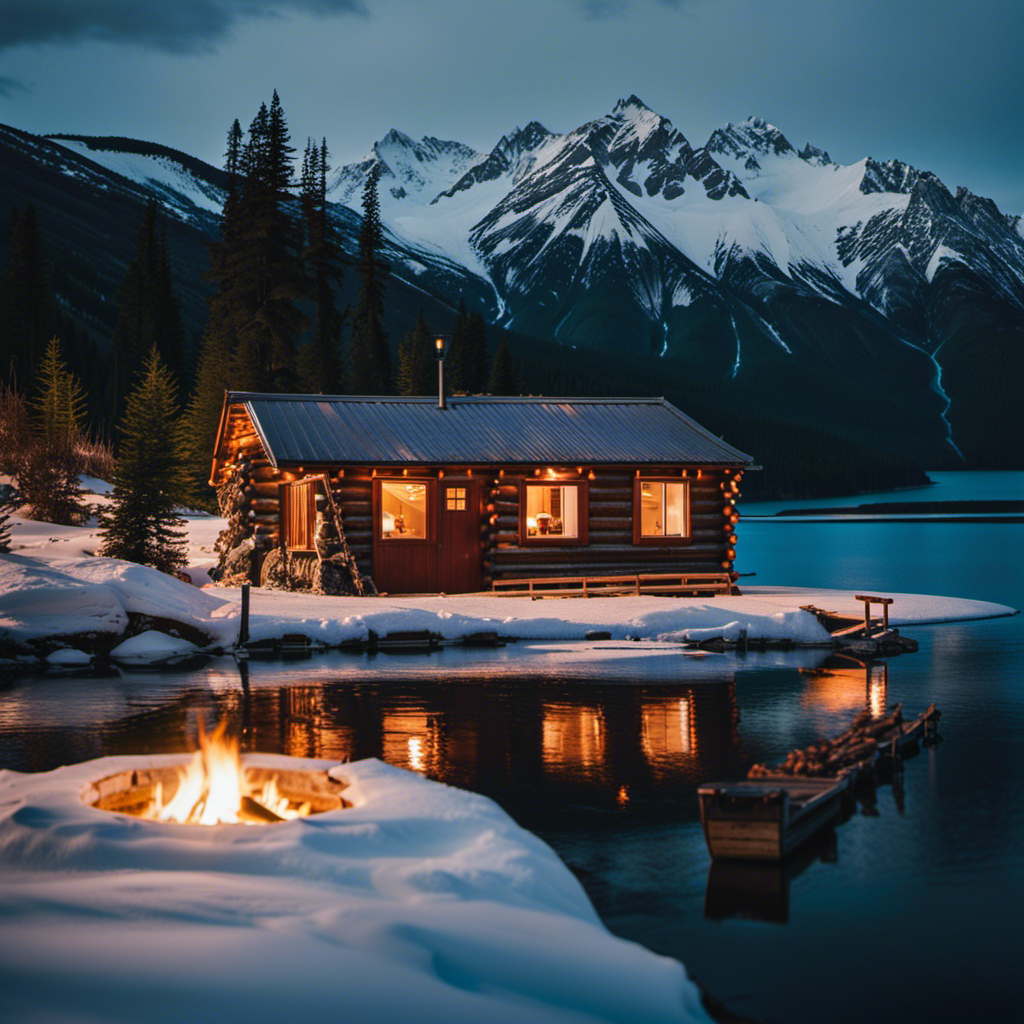 An image showcasing a rustic wooden cabin nestled amidst towering snow-capped mountains and surrounded by pristine lakes