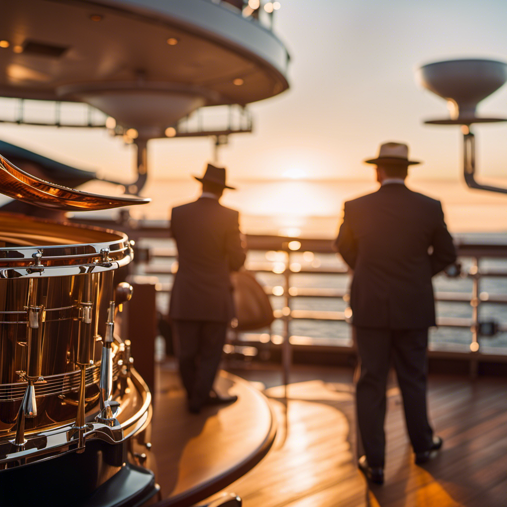 An image capturing the enchantment of music-themed cruises: a mesmerizing sunset backdrop on a luxurious deck, where musicians play diverse instruments, while passengers sway to the melodic rhythm, lost in a sea of harmonious bliss