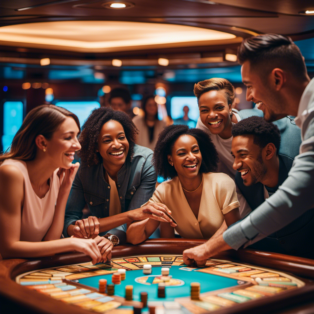 An image showcasing a group of friends huddled around a beautifully designed board game on a luxurious Dream Cruises ship, fully engaged in the excitement and laughter of a memorable gaming session