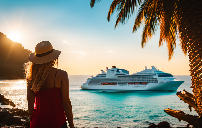 An image showcasing the vibrant mosaic of Oceania Cruises' Free Land Program for 2023: a sun-kissed beach lined with palm trees, a bustling local market brimming with exotic fruits, and a majestic ancient temple standing tall against a breathtaking backdrop of turquoise waters