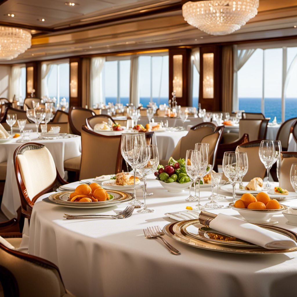 An image that showcases a luxurious, sunlit dining room aboard Regent Seven Seas, with elegant white tablecloths, sparkling glassware, and plates filled with delectable gourmet dishes, evoking a sense of immersive culinary indulgence