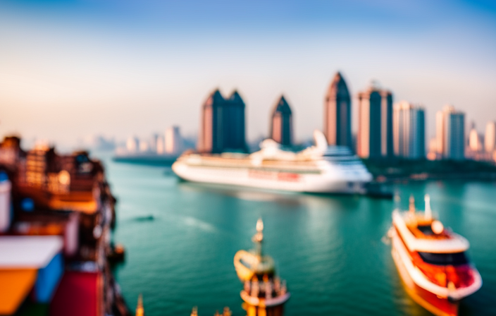 An image featuring a vibrant Indian cityscape backdrop, where a luxurious cruise ship majestically sails along the Ganges River, symbolizing India's support for the cruise industry as a catalyst for economic growth