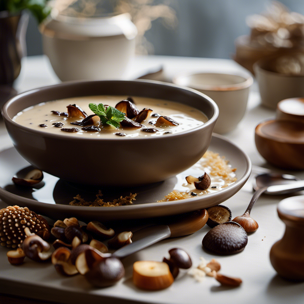 An image capturing the essence of Crystal Cruises' Cream of Forest Mushroom Soup - a rich, velvety bowl teeming with earthy hues of caramelized mushrooms, delicately drizzled with swirls of creamy goodness