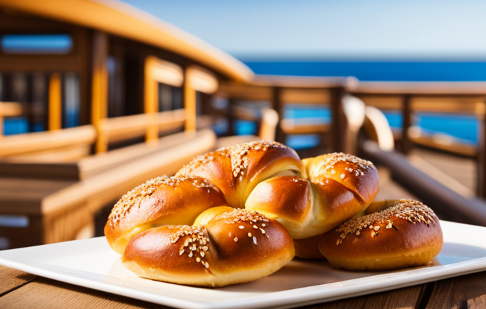 An image showcasing Norwegian Cruise Line's mouthwatering pretzel rolls: a golden-brown crust sprinkled with coarse salt, revealing a soft, fluffy interior