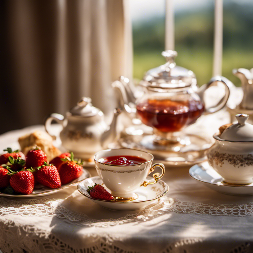 an exquisite scene of a vintage tea set atop a lace tablecloth, adorned with freshly baked scones, clotted cream, and strawberry jam