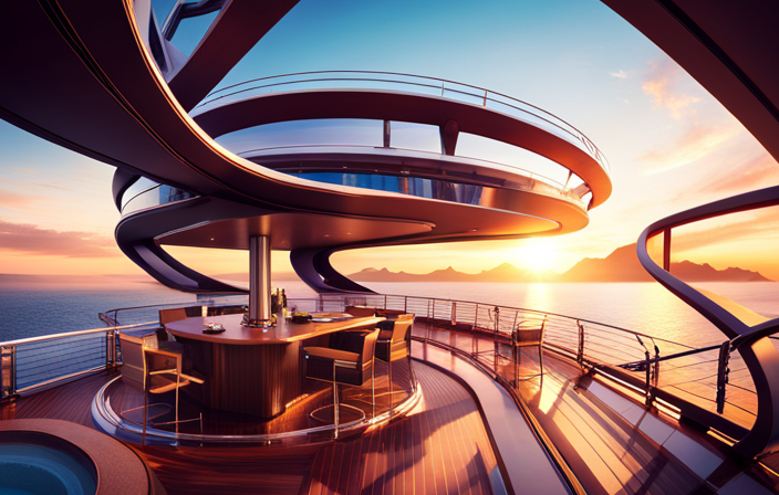 An image showcasing a striking, futuristic cruise ship deck, with an awe-inspiring pool featuring a retractable glass roof