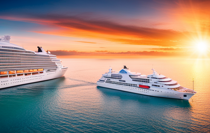 An image showcasing American Cruise Lines' cutting-edge fleet expansion: two sleek hybrid catamaran ships gliding through crystal-clear turquoise waters, their modern design and eco-friendly technology evident in every sleek curve and solar panel