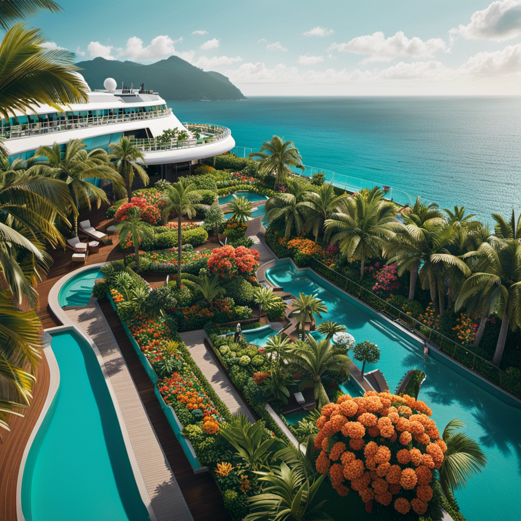 An image capturing a lush rooftop garden on a sleek cruise ship, with vibrant flowers, swaying palm trees, and cozy seating areas