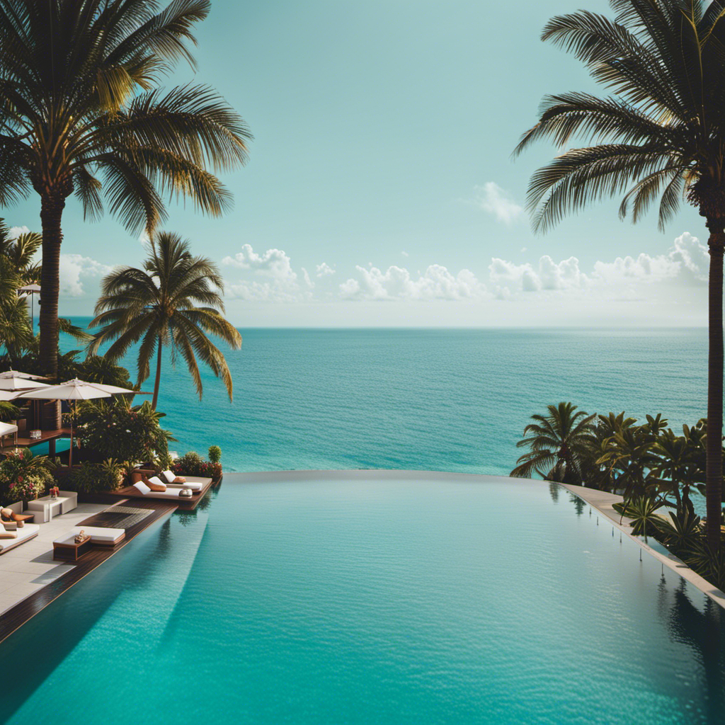An image showcasing a serene infinity pool on a luxurious cruise ship, surrounded by lush palm trees and overlooking crystal-clear turquoise waters, capturing the essence of restorative and Instagrammable 2019 cruise travel trends