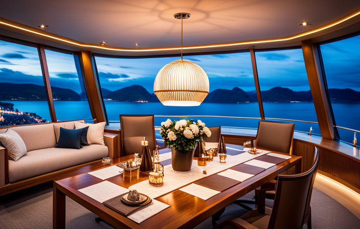 Capture the ethereal beauty of Viking Orion's celestial sailing experience, showcasing the ship's luxurious cabins adorned with plush bedding, floor-to-ceiling windows revealing a breathtaking starry night sky, and a private balcony offering a serene view of the moonlit ocean