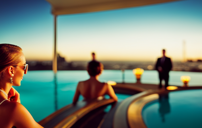 An image showcasing a glamorous cruise setting, with a mesmerizing view of a sparkling infinity pool overlooking the turquoise ocean, as elegantly dressed guests indulge in sophisticated martinis under a starlit sky