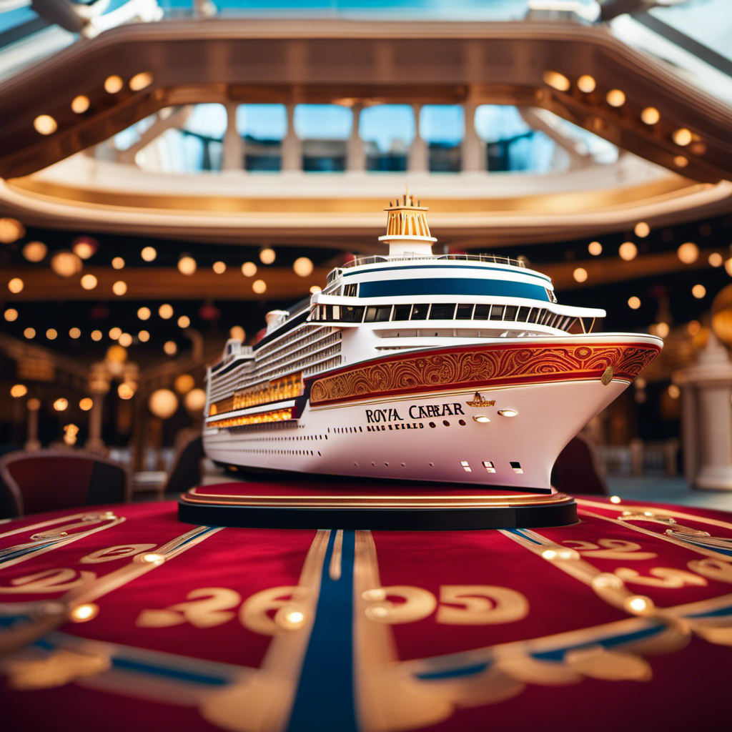 An image that showcases a grand, majestic cruise ship, adorned with intricate gold accents and a vibrant red carpet leading up to its nameplate, symbolizing the allure and mystique of Royal Caribbean's ship-naming tradition