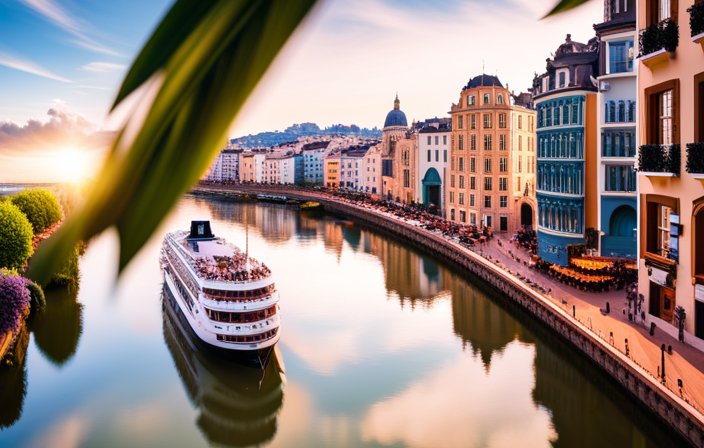 An image showcasing the luxurious AmaSiena river cruise ship, gliding effortlessly through the sparkling blue waters of Europe's enchanting waterways, adorned with elegant balconies, panoramic windows, and a sun-soaked top deck