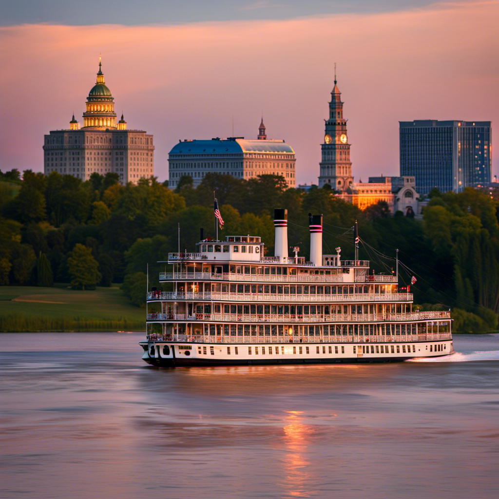 An image showcasing the elegant American Duchess paddlewheeler, adorned with ornate Victorian-style decorations, gliding gracefully along the mighty Mississippi River at sunset, showcasing the heartland's beauty and charm