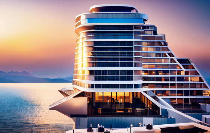 An image showcasing the sleek silhouette of the Celebrity Apex cruise ship at sunset, with its innovative glass-walled balconies reflecting the golden hues of the sky, epitomizing the epitome of contemporary luxury