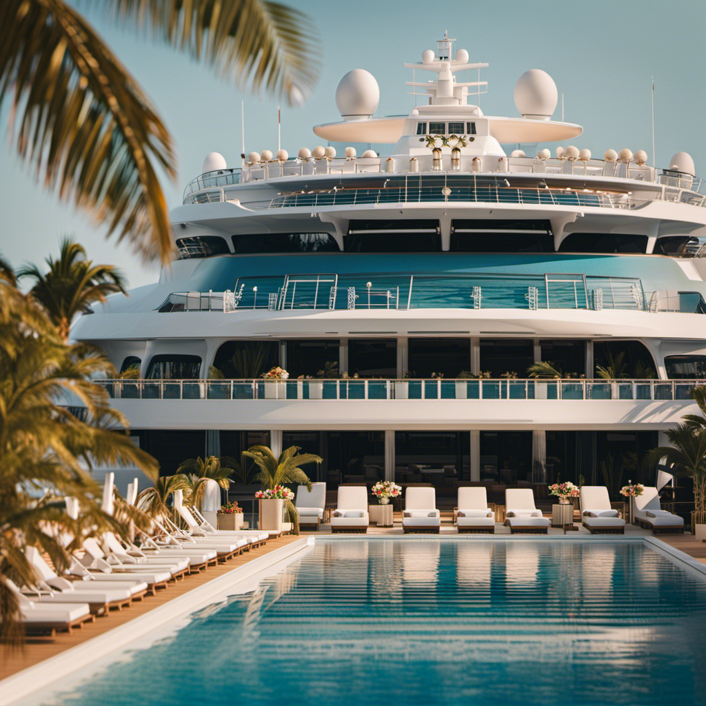 An image showcasing a luxurious cruise ship with a massive rooftop pool, surrounded by palm trees and sun loungers