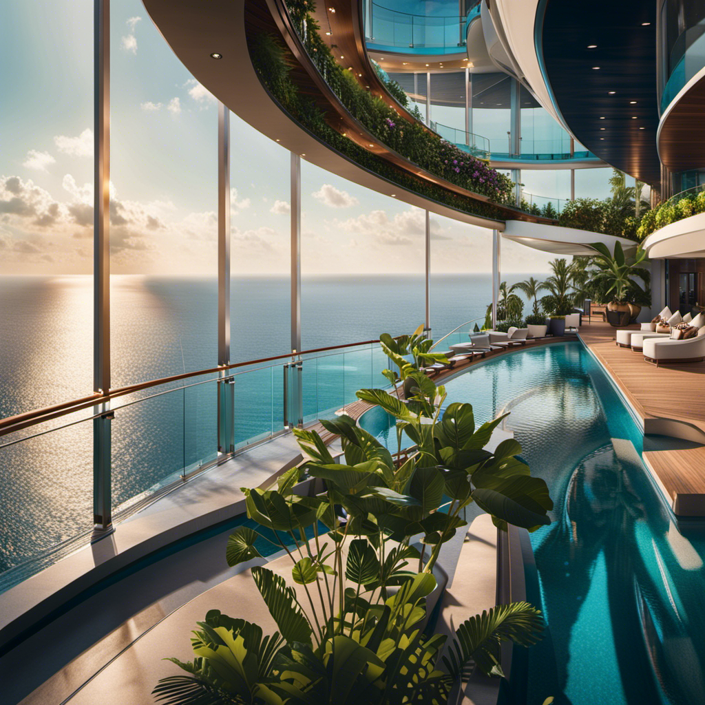 An image showcasing Celebrity Beyond's opulent design, featuring a sleek and eco-friendly cruise ship adorned with floor-to-ceiling glass walls, lush greenery-covered terraces, and a breathtaking infinity pool overlooking the azure ocean