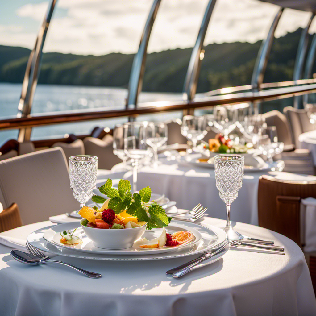 An image capturing the opulent dining experience aboard Crystal Esprit: a sunlit deck adorned with white tablecloths, sparkling crystal glassware, and impeccably presented gourmet dishes showcasing vibrant colors and intricate culinary craftsmanship