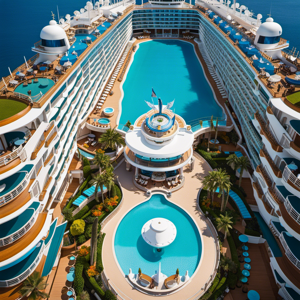 the grandeur of the majestic Discovery Princess: A towering, gleaming Royal Class ship majestically gliding through turquoise waters, adorned with elegant balconies, vibrant sun decks, and a magnificent promenade