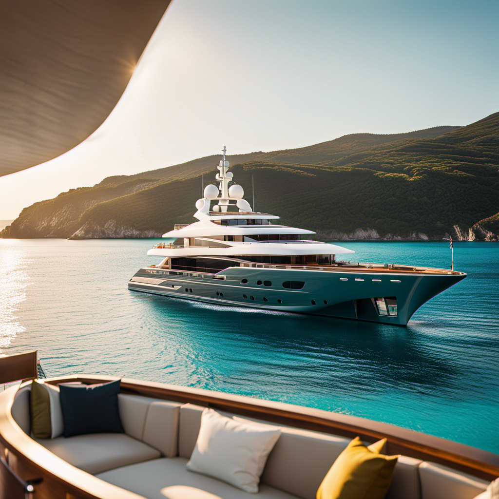 An image of an opulent superyacht, Emerald Azzurra, floating gracefully on turquoise waters, surrounded by breathtaking coastal scenery
