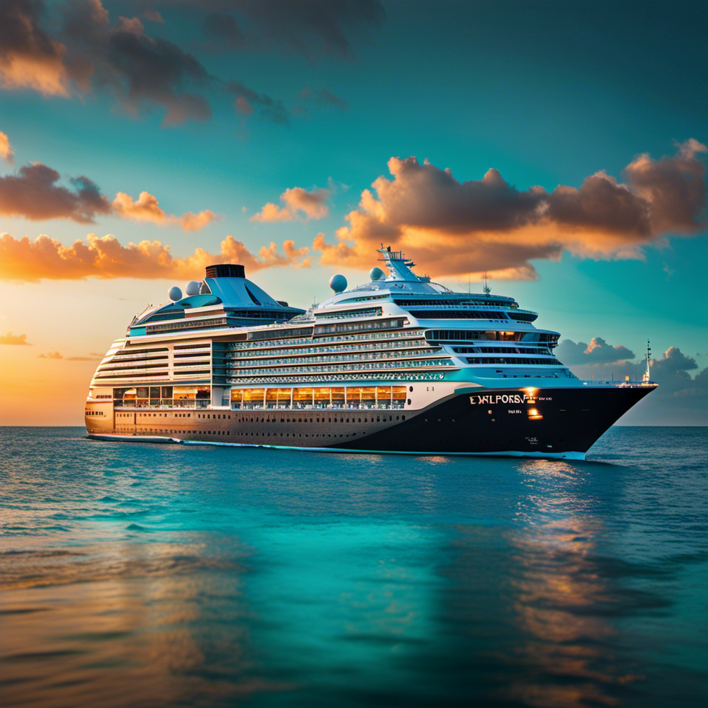 An image that captures the epitome of luxury cruising with the Explora Journeys logo subtly blending into a breathtaking sunset backdrop, adorned with an extravagant cruise ship sailing amidst sparkling turquoise waters