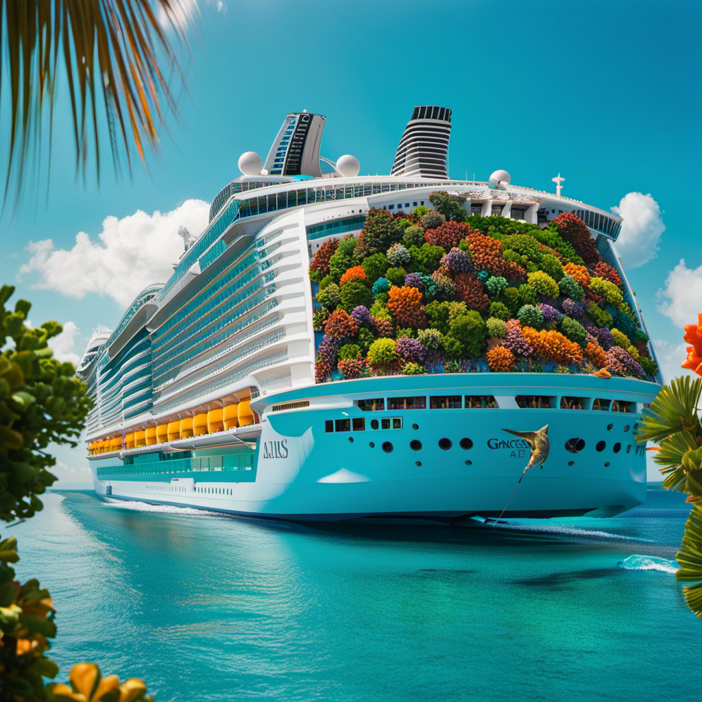 An image showcasing the magnificent Harmony of the Seas cruise ship sailing gracefully through crystal-clear turquoise waters, surrounded by vibrant coral reefs teeming with colorful marine life, and a backdrop of breathtaking tropical islands