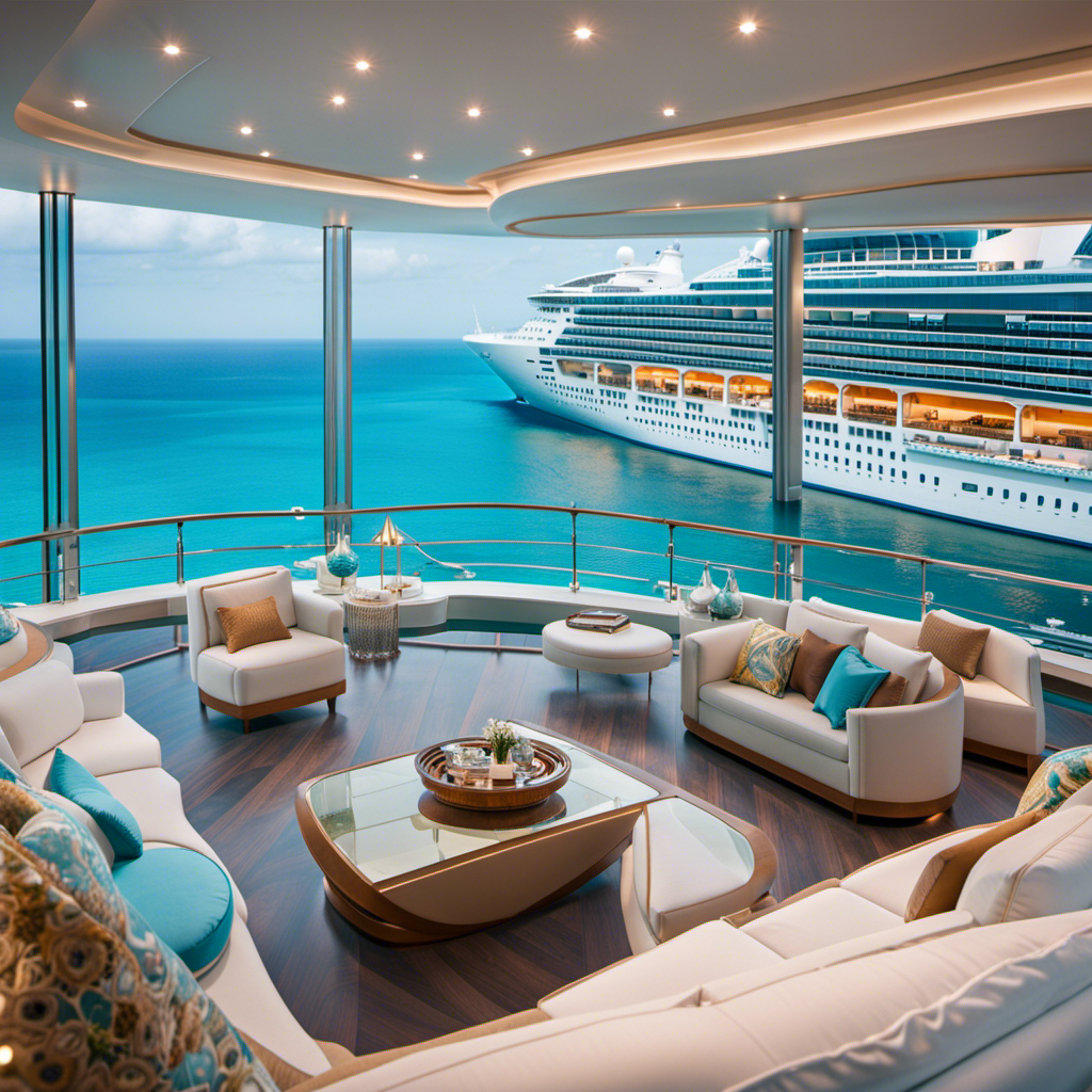 An image capturing the grandeur of Icon of the Seas, showcasing its sleek design and luxurious amenities, such as the infinity pool and panoramic glass walls, against a backdrop of turquoise waters and picturesque tropical islands