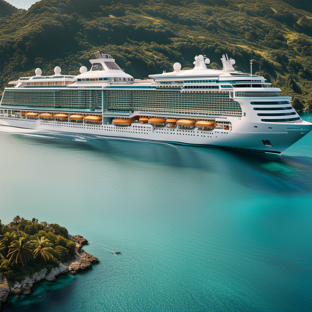 An image of a sleek, state-of-the-art cruise ship gliding through crystal-clear waters, adorned with elegant glass balconies and a rooftop infinity pool, capturing the essence of opulence and sophistication