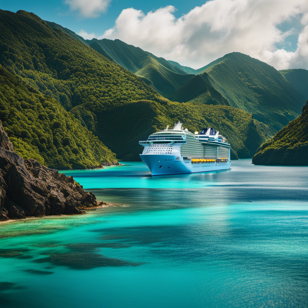 An image showcasing the sleek silhouette of Odyssey of the Seas, as it majestically glides through vibrant turquoise waters, surrounded by lush tropical islands, promising a new era of extraordinary cruising adventures