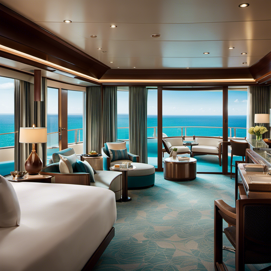An image showcasing the opulent cabins aboard Ritz-Carlton's cruise ship: A spacious suite with floor-to-ceiling windows overlooking turquoise waters, a plush king-sized bed adorned with silk sheets, and a private balcony with a bubbling hot tub
