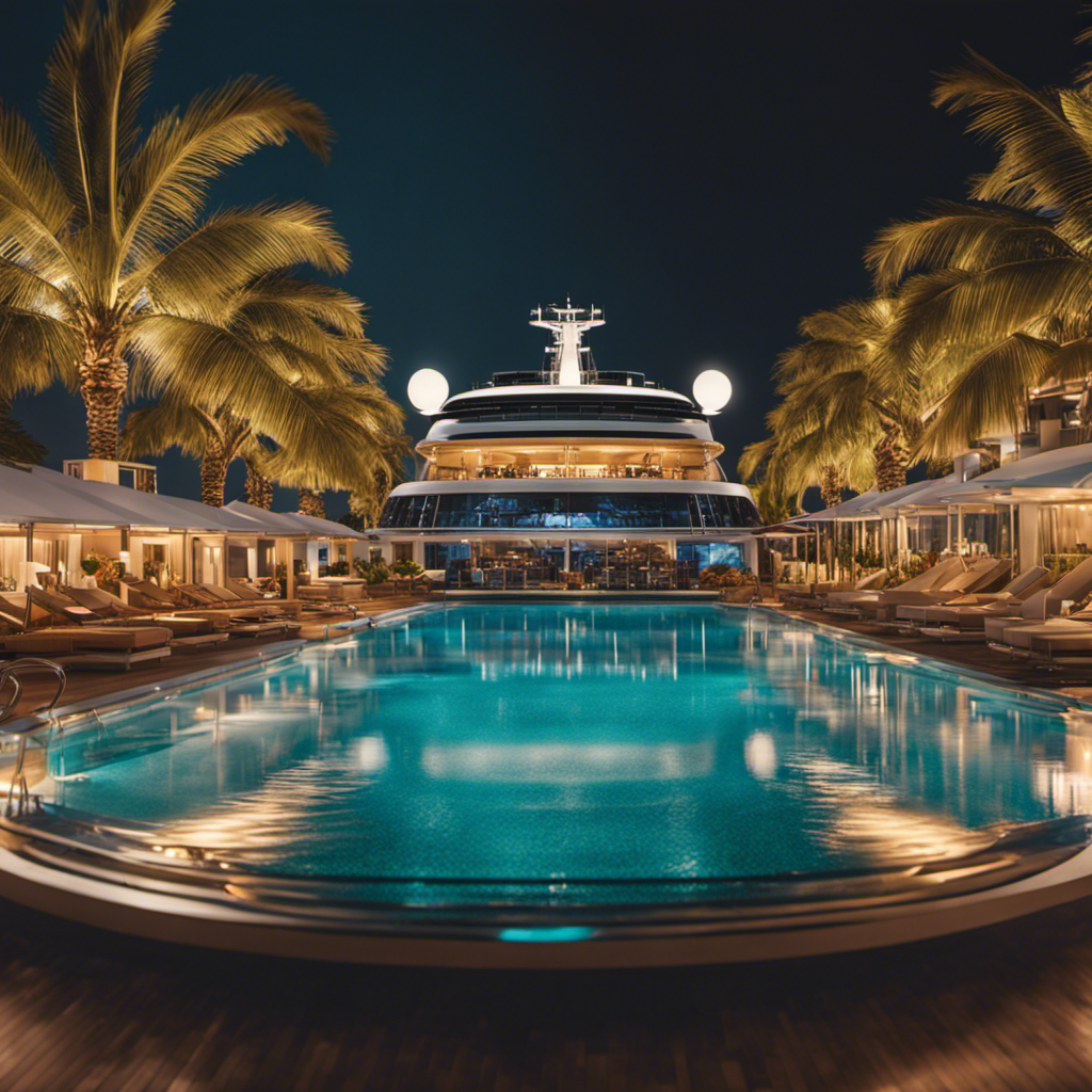 An image showcasing an opulent, multi-level cruise ship boasting a luxurious rooftop pool lined with palm trees, where guests lounge on plush sunbeds while savoring panoramic ocean views and sipping tropical cocktails
