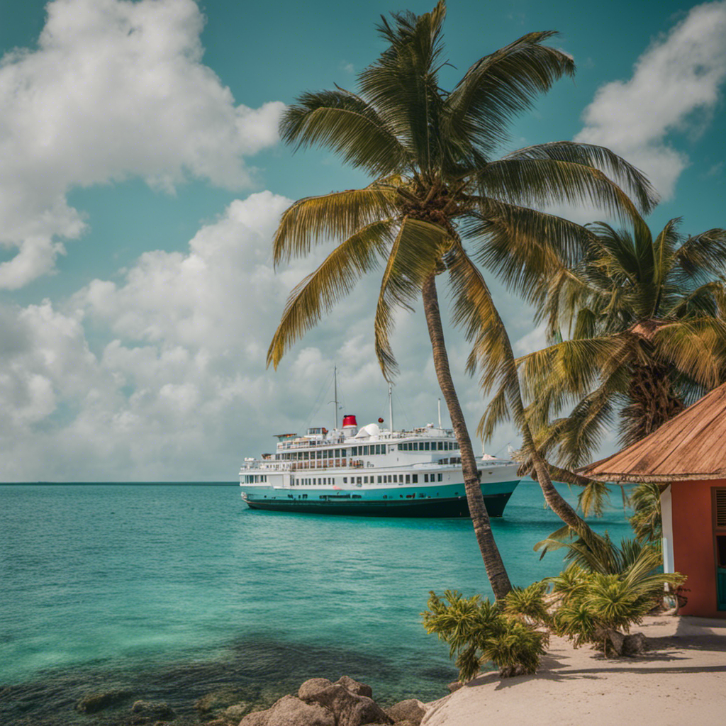 An image showcasing a small ship cruise along Cuba's turquoise coastline, with vibrant, colonial-style architecture lining the shores, palm trees swaying gently in the breeze, and crystal-clear waters teeming with colorful marine life