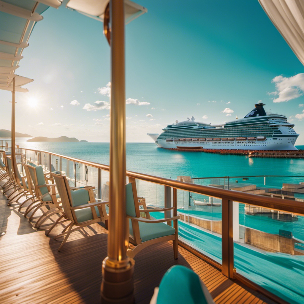 An image of a magnificent cruise ship sailing through crystal-clear turquoise waters, with its elegant exterior shining under the golden sun