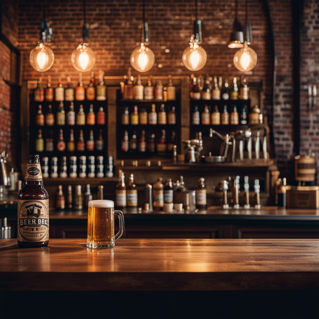 An image showcasing a rustic wooden bar with a polished brass beer tap, against a backdrop of exposed brick walls adorned with vintage beer signs, as chefs in aprons prepare mouthwatering gourmet burgers and fries