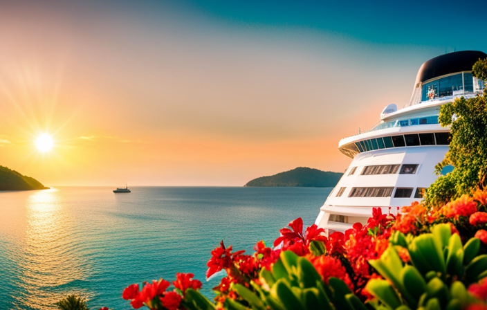 E of a grand Viking Saturn cruise ship sailing through crystal-clear turquoise waters, surrounded by lush tropical islands and vibrant coral reefs