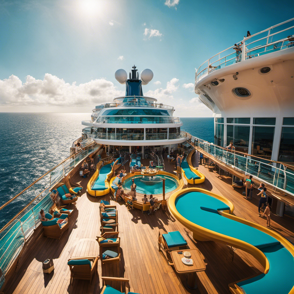 An image capturing the vibrant expanse of Wonder of the Seas, as families frolic in the aqua park, indulge in delectable cuisine, and relish panoramic ocean views from the magnificent deck