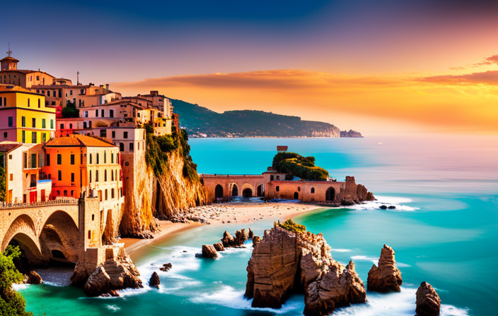An image showcasing the enchanting Italian coast: vibrant cliffside villages cascading into turquoise waters, ancient castles perched atop lush hills, and sun-kissed beaches lined with colorful umbrellas
