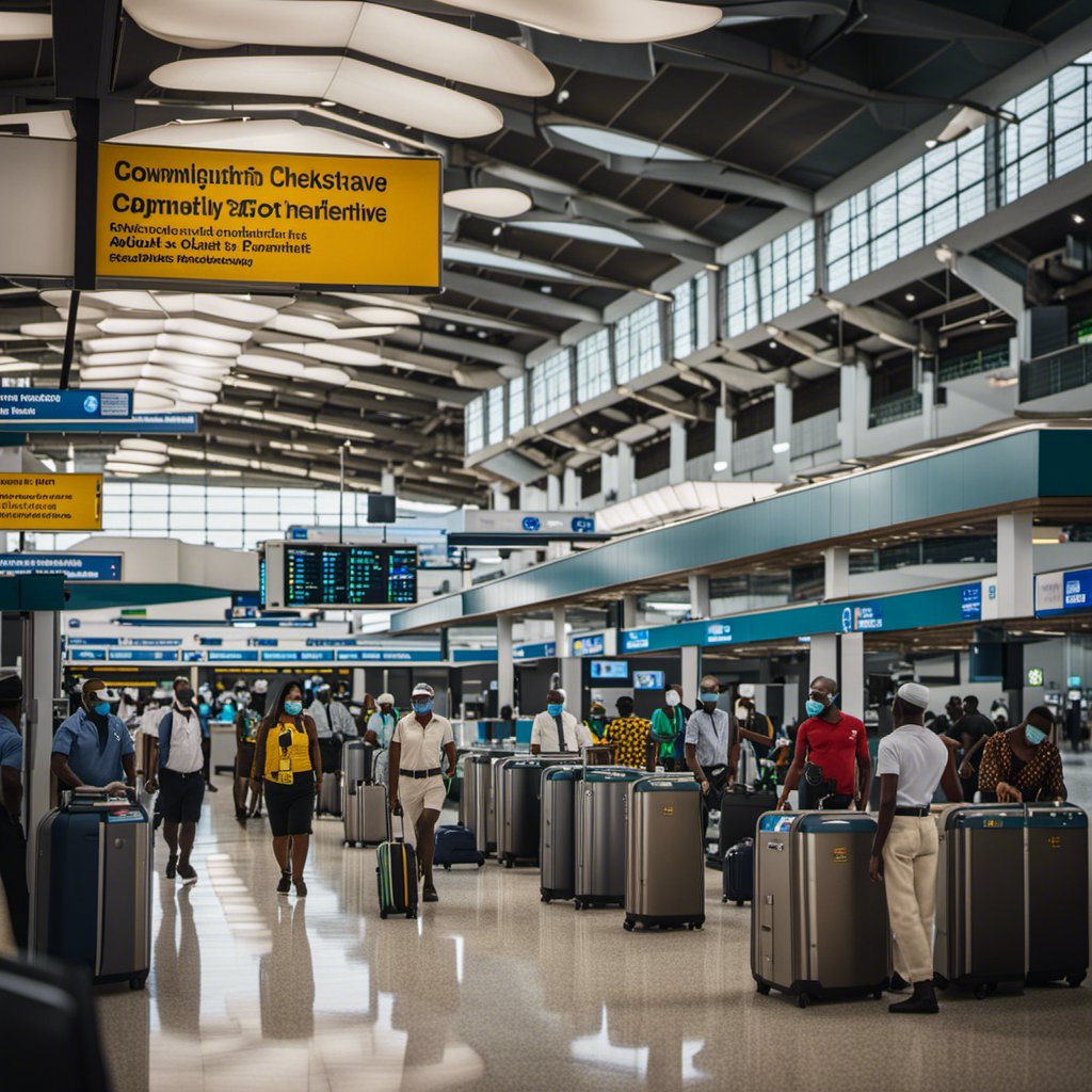 An image showcasing a bustling airport terminal in Jamaica, with masked travelers maintaining social distance while undergoing temperature checks and presenting negative COVID-19 test results