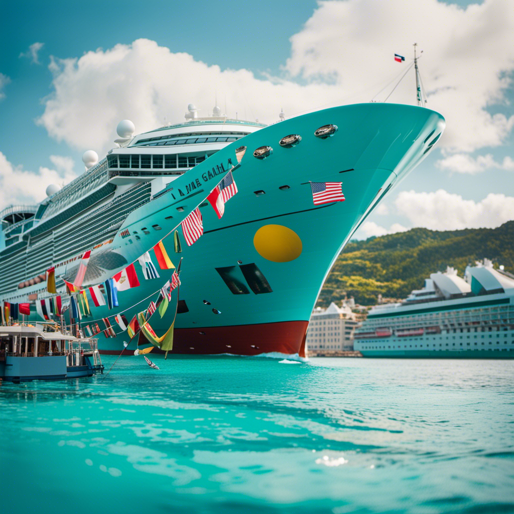 An image showcasing a luxurious cruise ship adorned with vibrant flags from around the world, as it glides through sparkling turquoise waters, inviting readers to embark on a mouthwatering culinary journey with the James Beard Culinary Cruise Collection