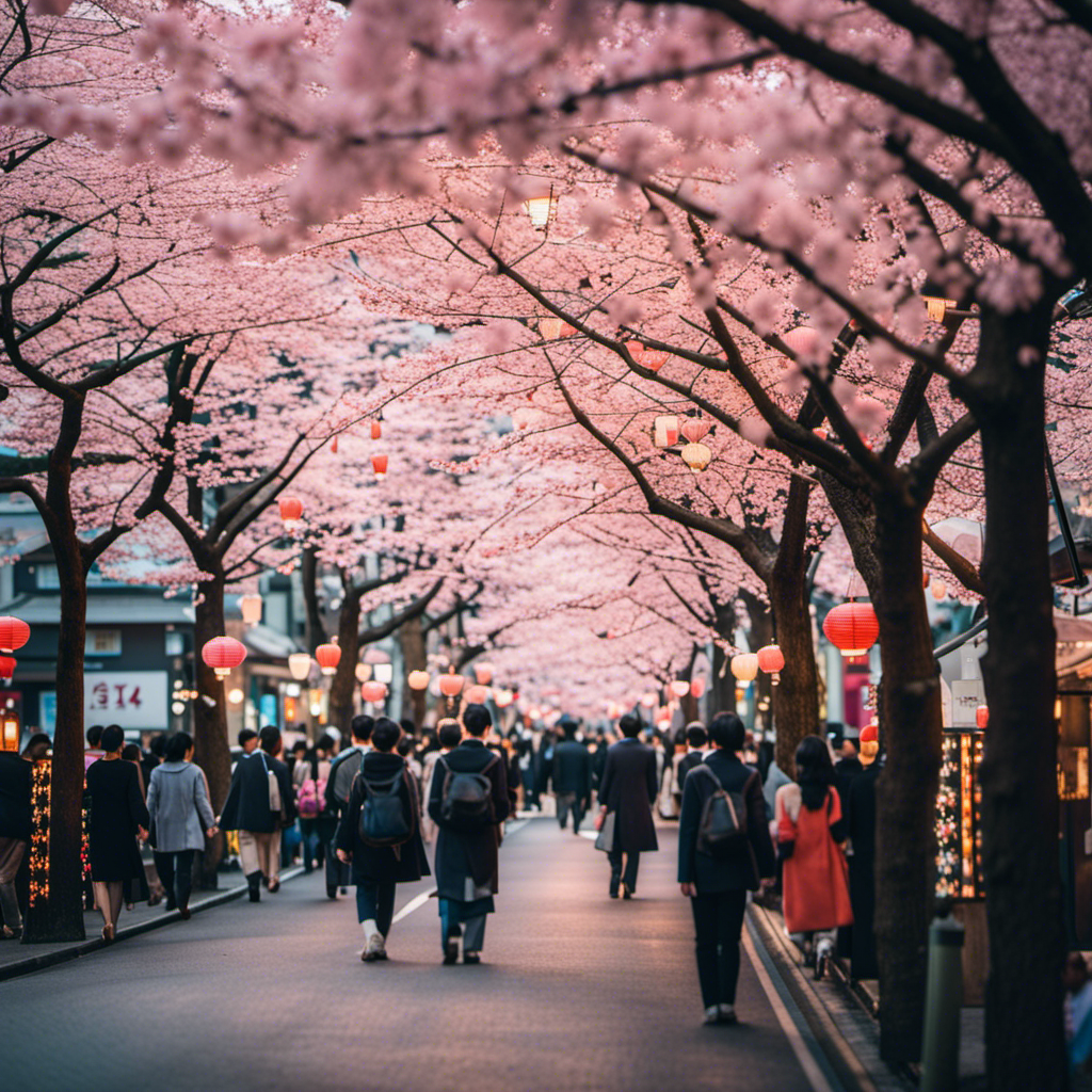 An image capturing the vibrant streets of Tokyo, adorned with colorful lanterns and bustling crowds, with cherry blossom trees in full bloom, symbolizing Japan's revival and its rich cultural heritage