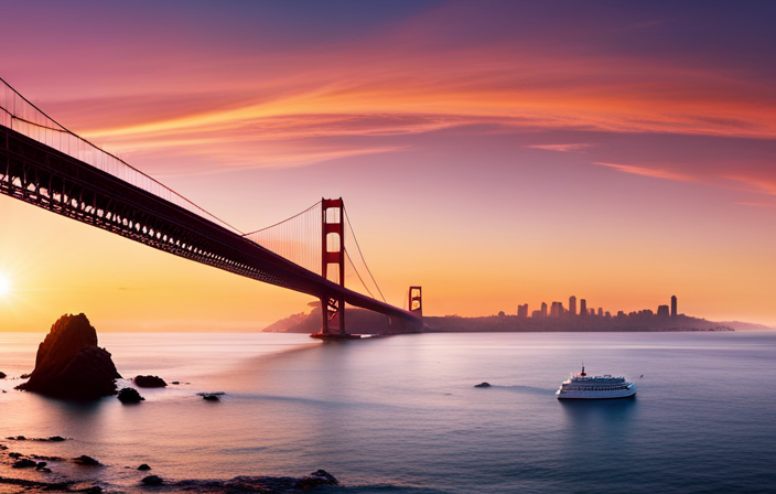 An image showcasing the vibrant spirit of California: a luxurious American Cruise Lines ship gliding through the sun-kissed waters of the Pacific Ocean, passing iconic landmarks like the Golden Gate Bridge and palm-lined beaches, while jazz musicians serenade guests on deck