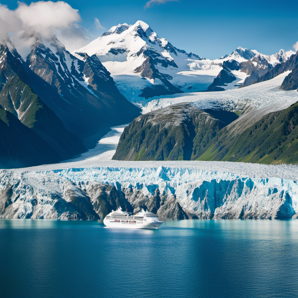 An image capturing the breathtaking scenery of Jeff Corwin's Alaska Adventure Voyage: a Princess Cruises ship dwarfed by towering glaciers, surrounded by pristine blue waters, snow-capped mountains, and abundant wildlife