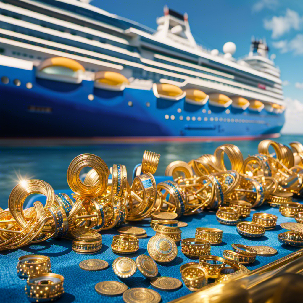 An image of a luxurious cruise ship adorned with vibrant blue and gold accents, hosting joyful Jewish passengers engaged in traditional holiday celebrations, cultural dances, and deep spiritual connections surrounded by mesmerizing ocean views